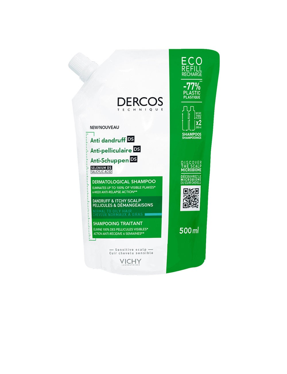 DERCOS shampooing antipelliculaire pour cheveux normaux à gras ecorefill 500 ml